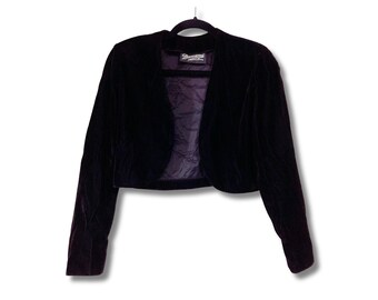 Vintage dark eggplant purple velvet bolero jacket ~ 1980s 1990s witchy goth eveningwear shrug cardigan top ~ XS EXTRA SMALL formalwear shirt