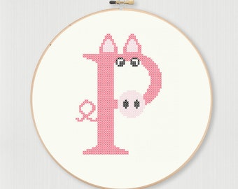 Cross stitch letter P Pig pattern, instant digital download