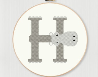 Cross stitch letter H Hippo pattern, instant digital download
