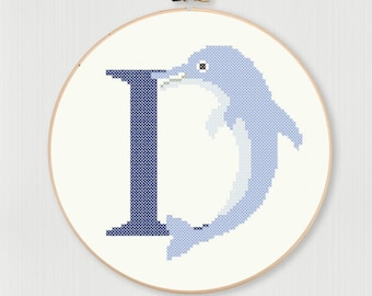 Cross stitch letter D Dolphin pattern, instant digital download