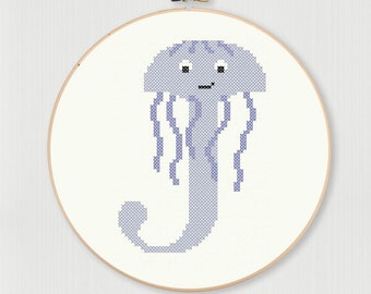 Cross stitch letter J Jellyfish pattern, instant digital download