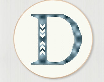 Cross stitch letter D pattern with chevron accent, instant digital download