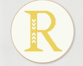 Cross stitch letter R pattern with chevron detail, instant digital download