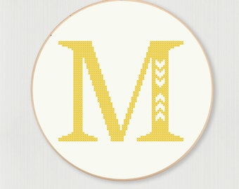 Cross stitch letter M pattern with chevron detail, instant digital download