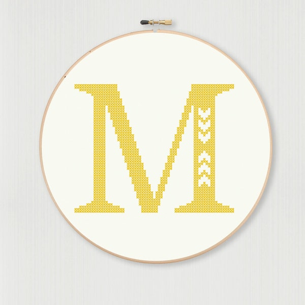 Cross stitch letter M pattern with chevron detail, instant digital download