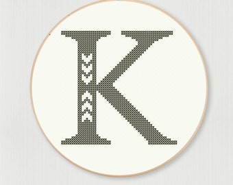 Cross stitch letter K pattern with chevron detail, instant digital download