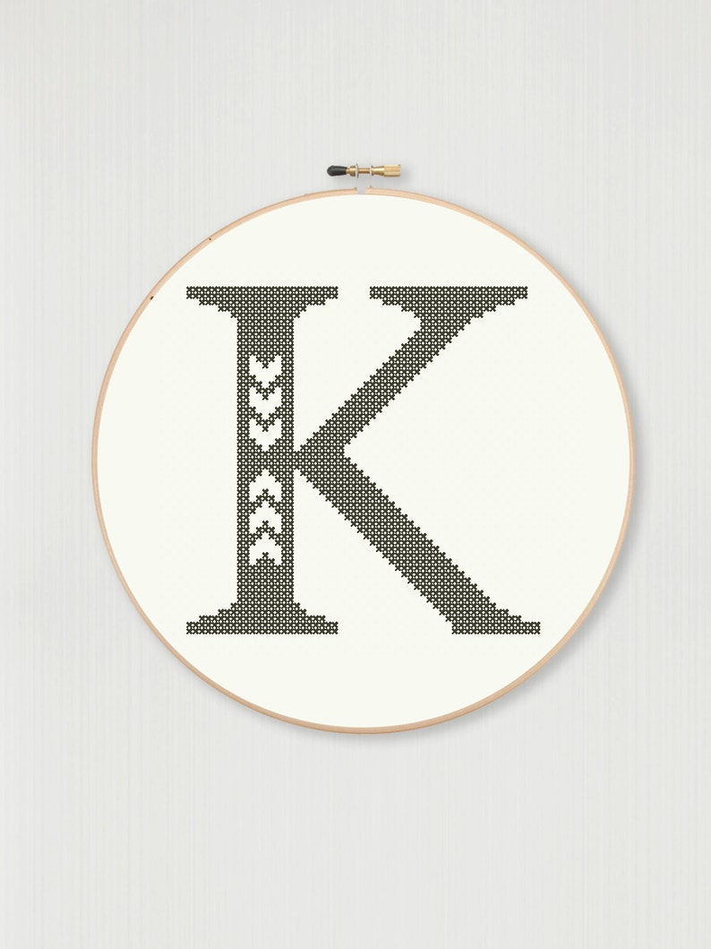 Cross stitch letter K pattern with chevron detail, instant digital download image 1