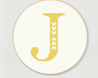 Cross stitch letter J pattern with chevron detail, instant digital download