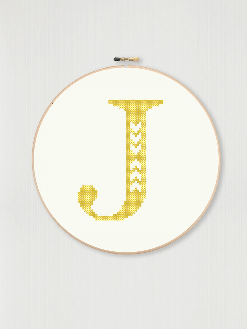 Cross stitch letter J pattern with chevron detail, instant digital download image 1