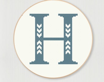 Cross stitch letter H pattern with chevron detail, instant digital download