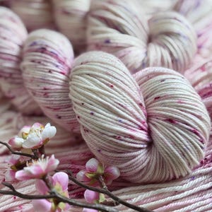 May include: Close-up of several skeins of speckled yarn in shades of white and pink. The yarn has small flecks of purple and red. A sprig of pink and white flowers is in the foreground, adding a touch of nature to the scene.
