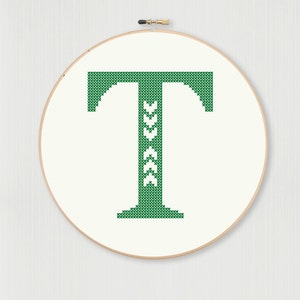 Cross stitch letter T pattern with chevron accent, digital download