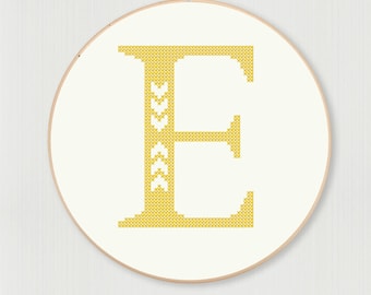 Cross stitch letter E pattern with chevron accent, instant digital download