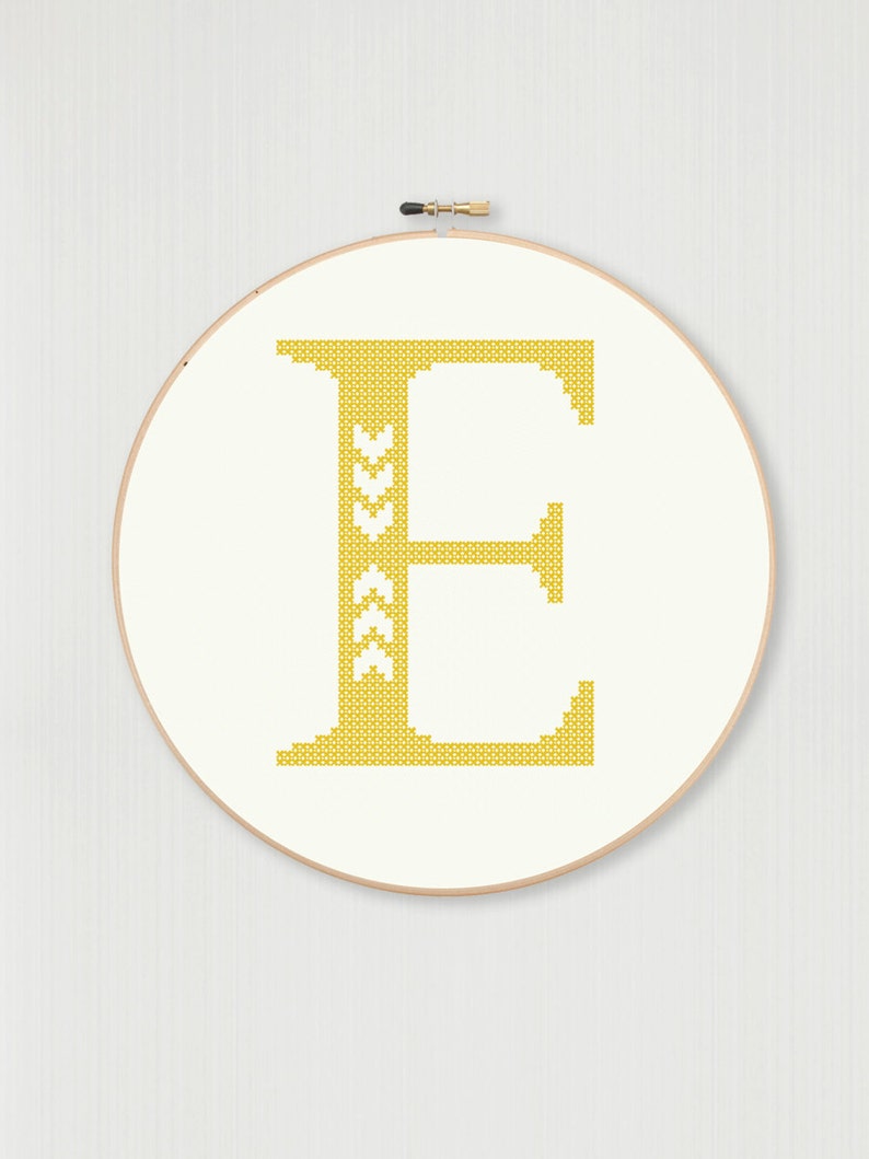 Cross stitch letter E pattern with chevron accent, instant digital download image 1