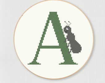 Cross stitch letter A Ant pattern, instant digital download