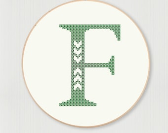 Cross stitch letter F pattern with chevron accent, instant digital download