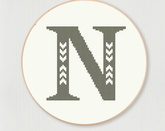 Cross stitch letter N pattern with chevron detail, instant digital download