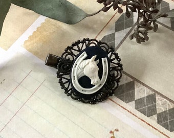 Horse Clip- Horseshoe-Ivory-Black-Hair Clip-Hair Accessory