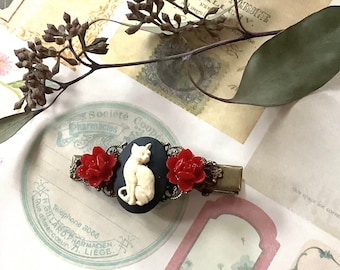 Hair Accessories-Festive-Red Roses-Cat-Brass-Alligator Hair Clip-Cat Lover