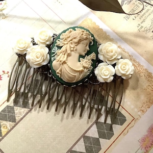 Hair Comb-Celtic Maiden-Off White Flowers-Brass Comb-Green-Wedding-Irish Wedding
