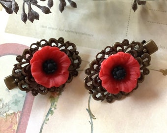 Flowers-Red Poppy-Alligator Clips-Brass Clips-Hair Clips