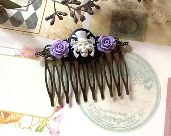 Hair Comb-Gothic-Skull-Roses-Brass Comb