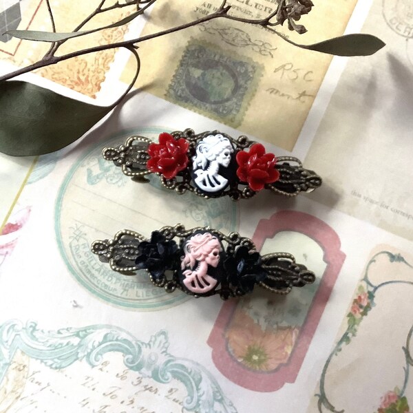 Gothique-Accessoires pour cheveux-Rouge-Noir-Rose-She Skull-Barrette