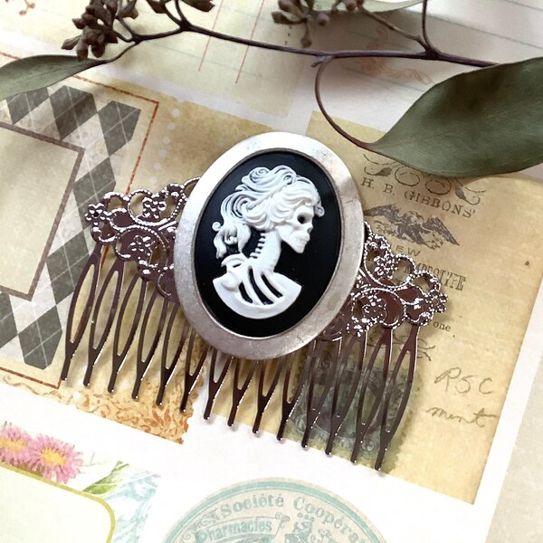Peine gótico-Plata-Ella Calavera-Bezeled-Peine de pelo-Accesorios para el cabello