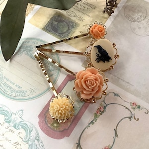 Hair Accessories-Hair Glam-Orange Creamsicle-Raven-Floral-Gold Tone-Hair Clips