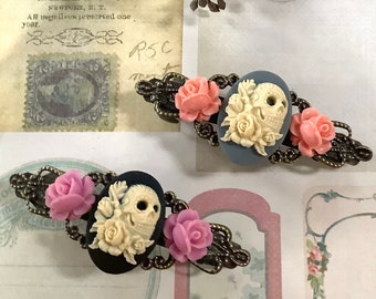 Barrette-Roses-Skull Barrette-Gothic-Hair Clip-Skull