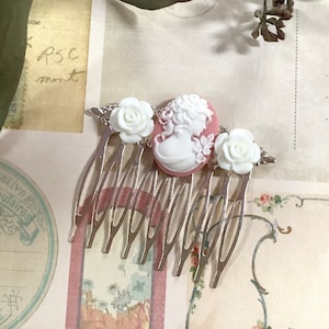 Hair Comb-Pink Cameo-White-Floral-Silver Comb-Hair Glam