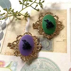 Black Crow Clip-Hair Accessory-Green-Purple-Raven-Gold Tone-Hair Clip