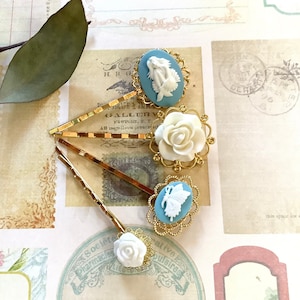 Wedding-Hair Accessories-Sky Blue-White-Mermaid-Butterfly-Flowers-Gold Tone-Hair Clips
