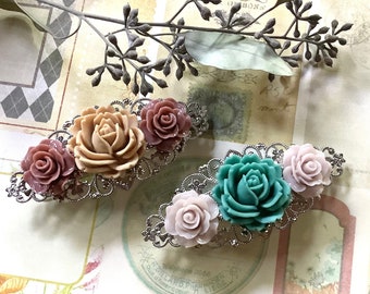 Hair Clip-Hair Glam-Chai-Turquoise Rose-Silver Tone-Barrette