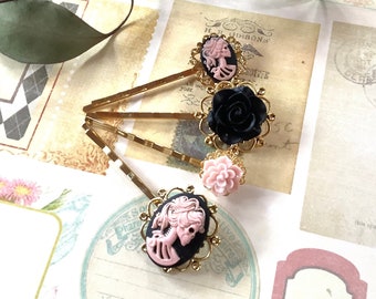 Gothic Wedding-Hair Accessories-Pink-Black-She Skull-Pink Flower-Gold Tone Hair Clips