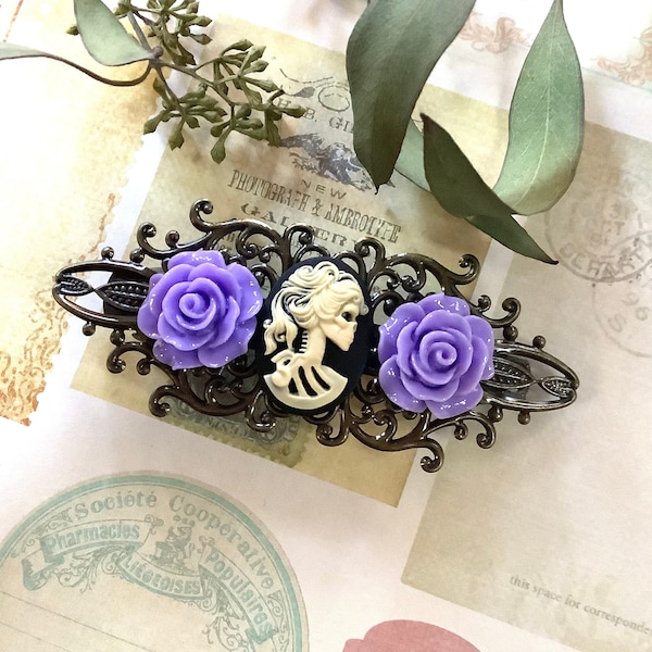 Hair Clip-Purple-She Skull-Brass Barrette-Gothic