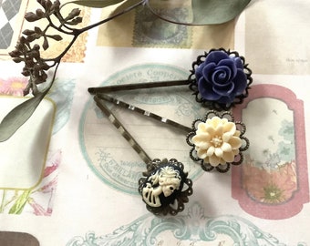 Hair Clips-Black She Skull-Gothic-Violet Rose-Brass Clips-Gift