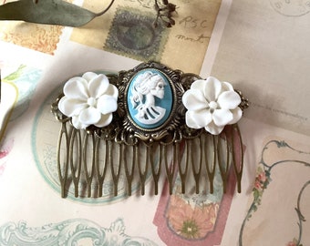 Hair Comb-Light Blue-White-She Skull-Flowers-Brass Comb