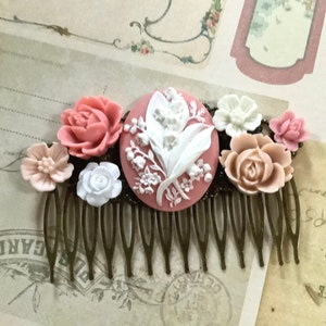 Hair Comb-Pink-White-Lily of The Valley-Floral-Brass Comb-Wedding