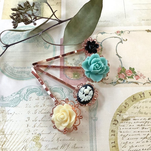 Hair Accessory-Thistle-Teal-Flower-Rose Gold-Hair Clips