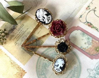 Accesorios para el cabello-Gótico-Ella Calavera-Borgoña-Calavera Blanca-Rosas-Tono Dorado-Clips para el cabello