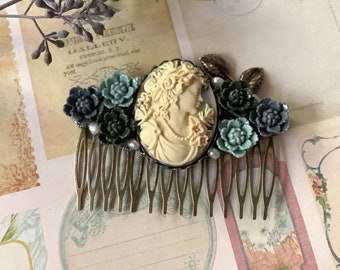 Cameo-Sage-Brass-Hair Comb-Wedding-Decorative Comb