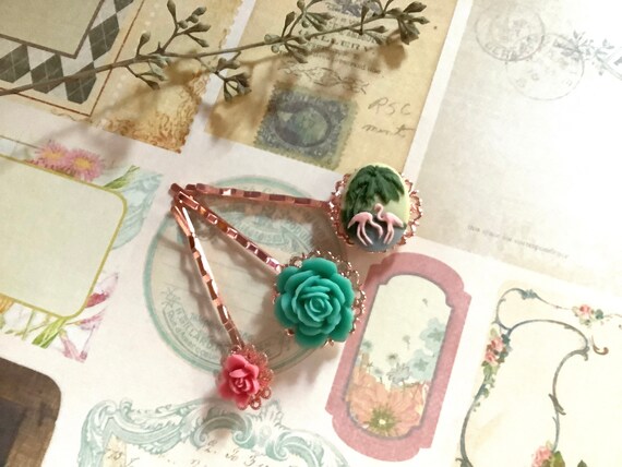 Hair Accessories-pink Flamingo-flowers-rose Gold-hair Clip 