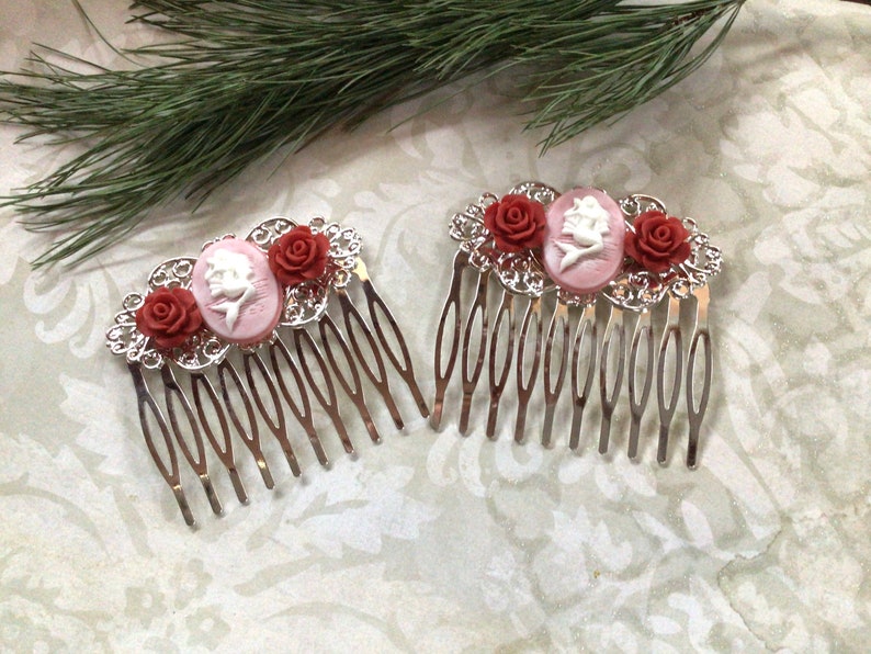 Two Silver Tone Pink Mermaid And Red Roses Hair Combs