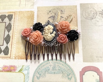 Peineta decorativa de plata con camafeo de pan de oro