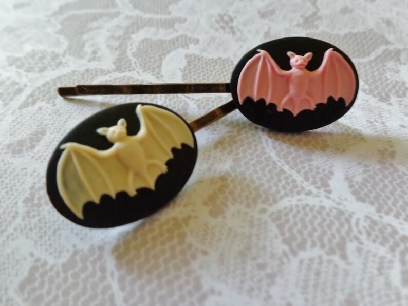 Pink on Black And Ivory on Black Bat And Brass Hair Clips