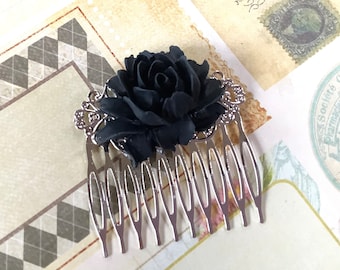 Hair Comb-Black Rose-Gift-Wedding Comb-Silver Tone