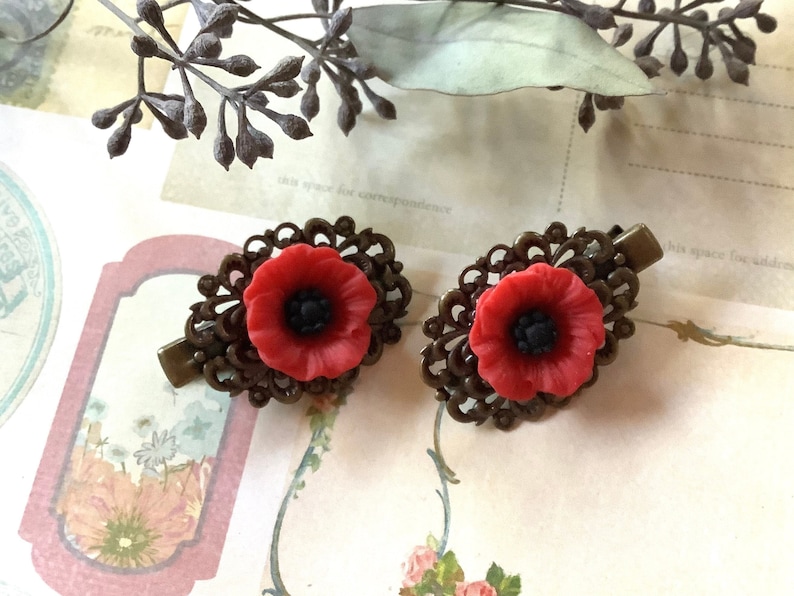 Flowers-Red Poppy-Alligator Clips-Brass Clips-Hair Clips image 1