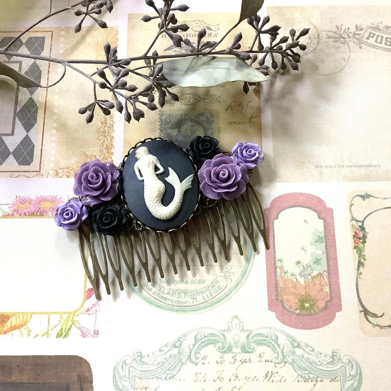 Decorative Comb-Hair Comb-Purple-Floral-Mermaid-Brass Hair Comb image 1