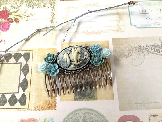 Decorative Hair Comb-Sage Green-Silver Tone-Mermaid Comb